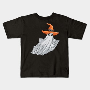 Ghost With Witches Hat Halloween Kids T-Shirt